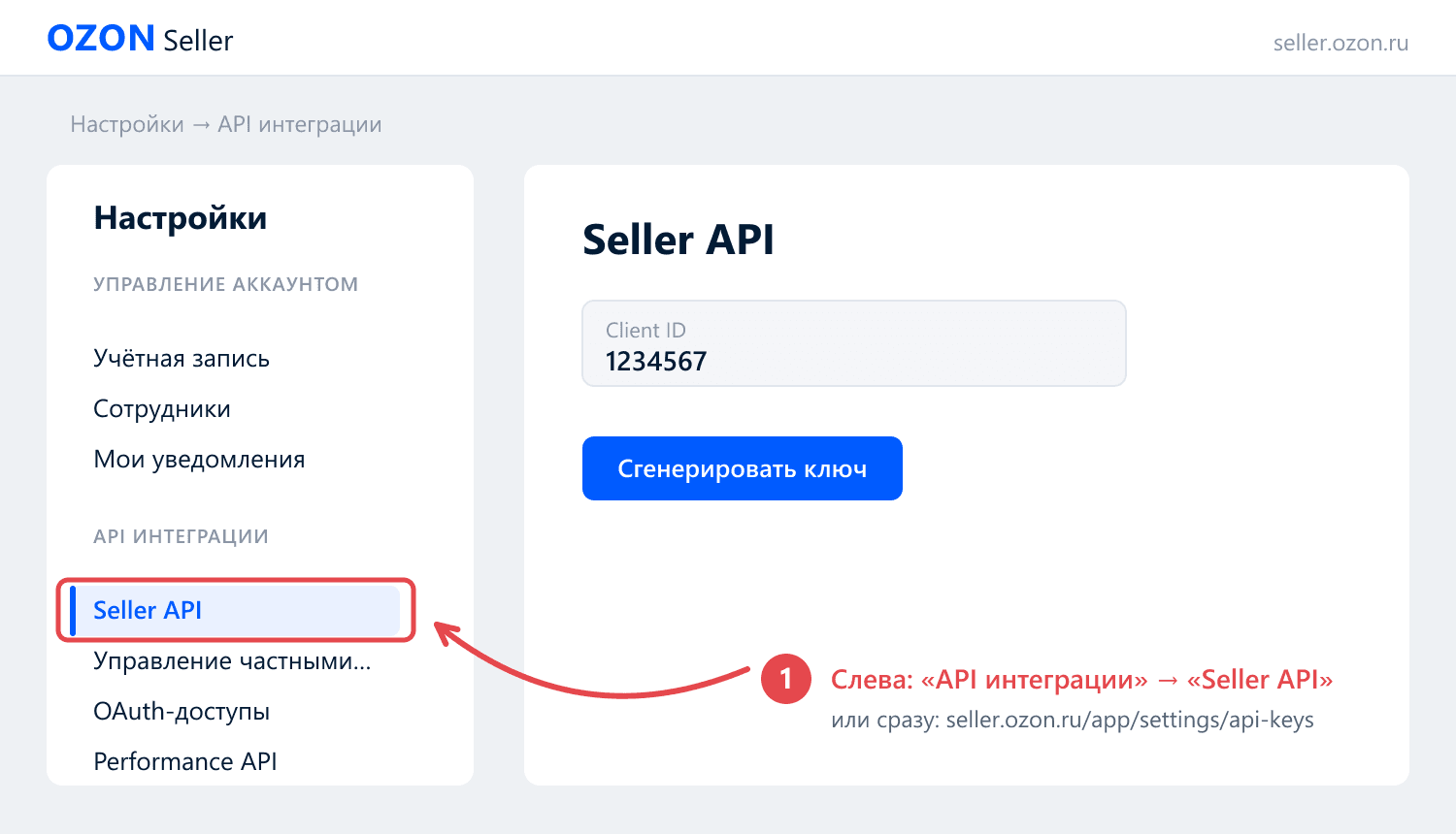 Где находится раздел Seller API в кабинете продавца Ozon