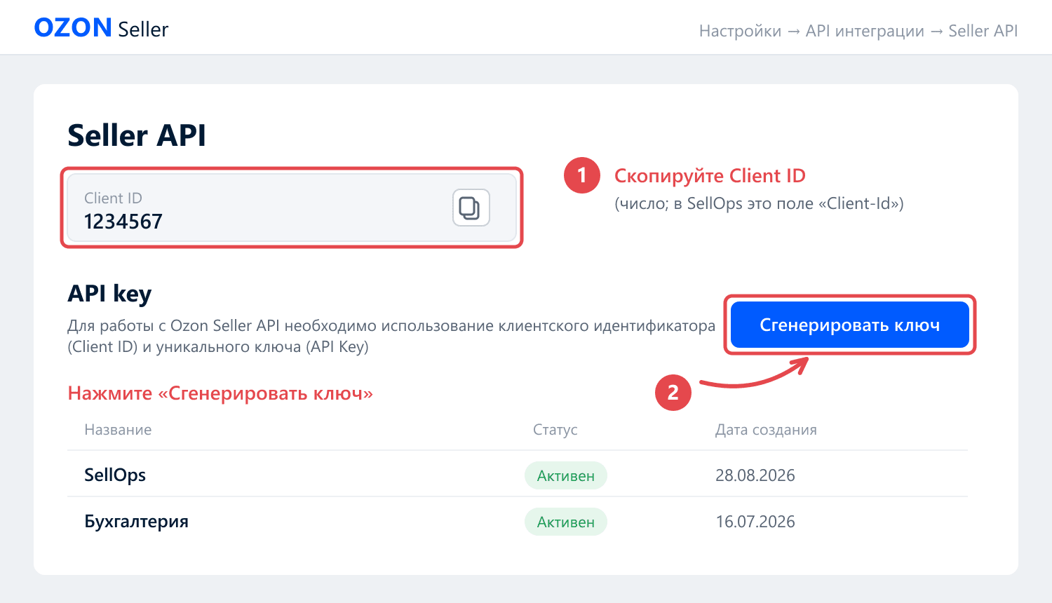 Client ID и кнопка «Сгенерировать ключ» на странице Seller API
