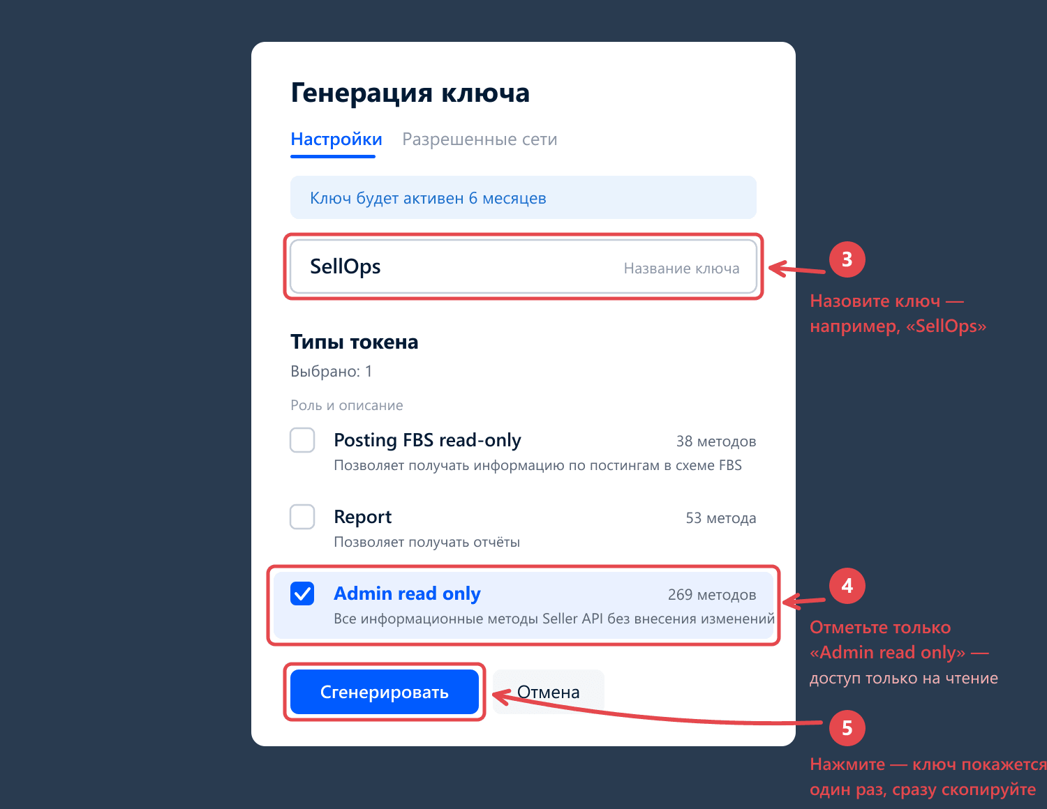 Диалог генерации ключа: название, роль Admin read only, кнопка Сгенерировать